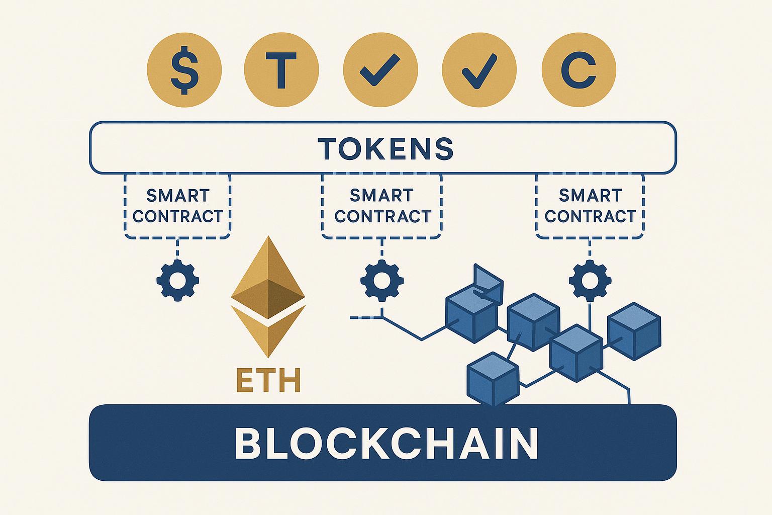 Illustration showing the architecture of a blockchain with its native cryptocurrency.