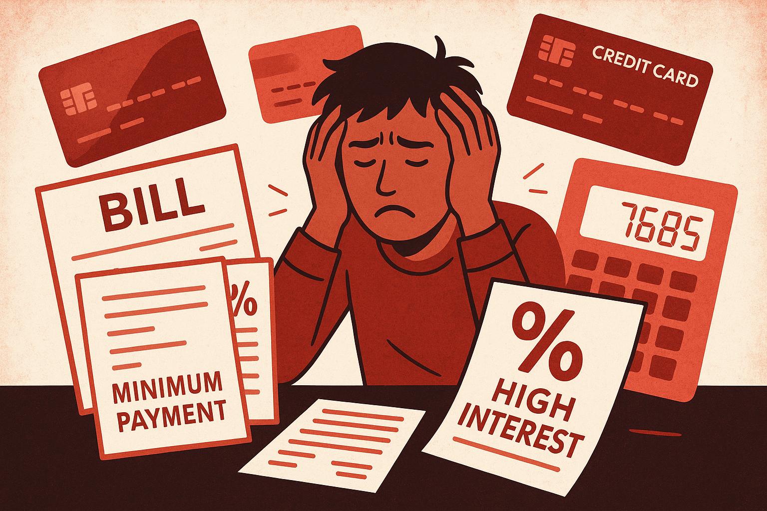 Illustration of a person overwhelmed by credit card bills and high interest.