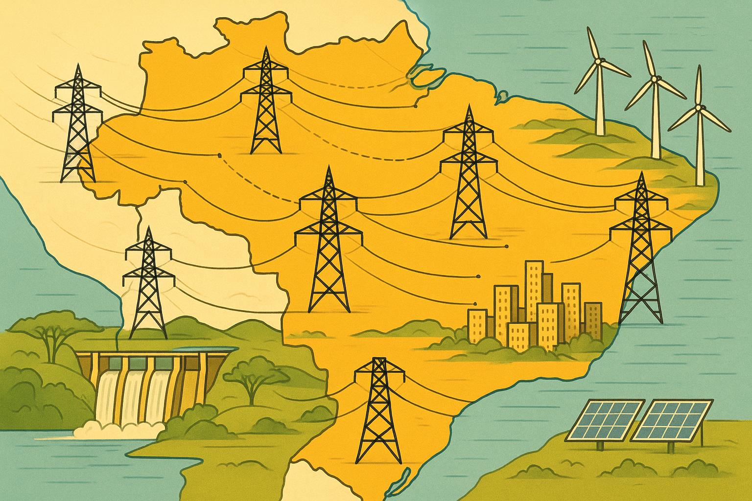 Illustration of Brazil's energy infrastructure, showing a mix of hydro, wind, and solar power.