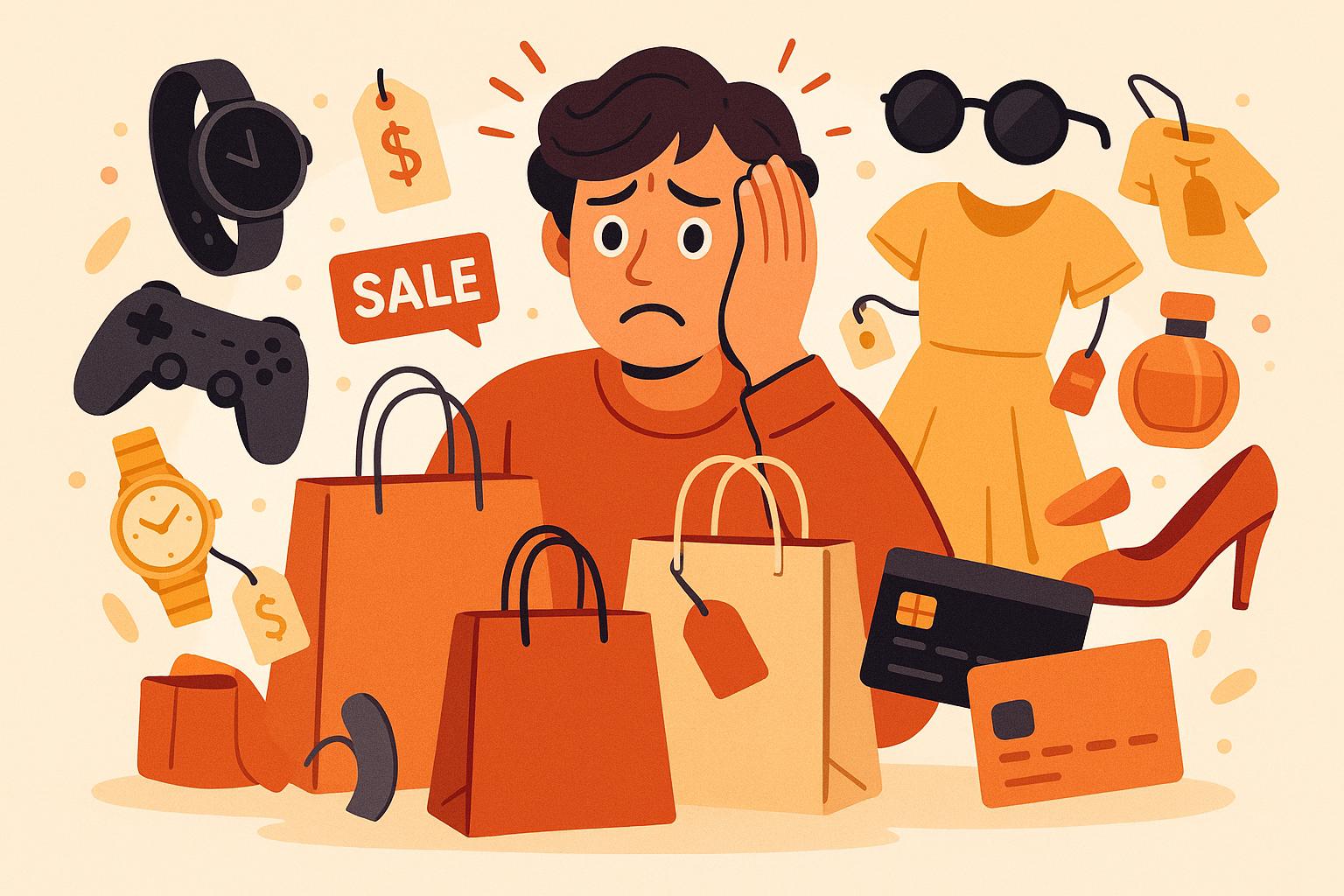 Illustration of a person stressed and surrounded by impulse purchases.