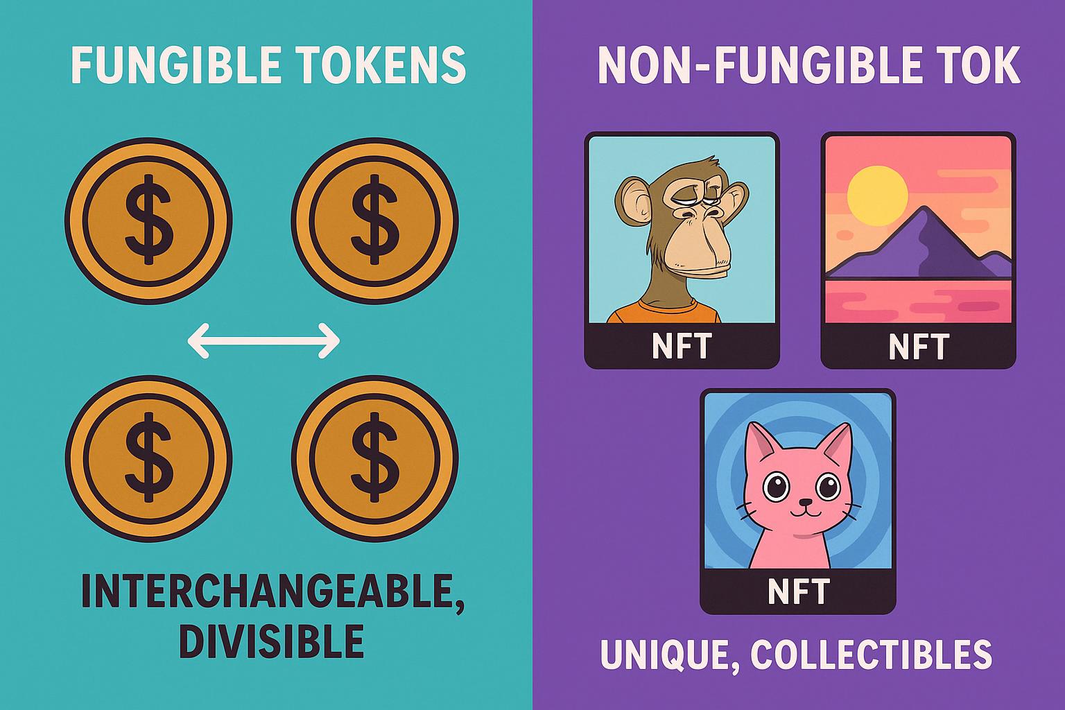 Illustration comparing fungible and non-fungible tokens.