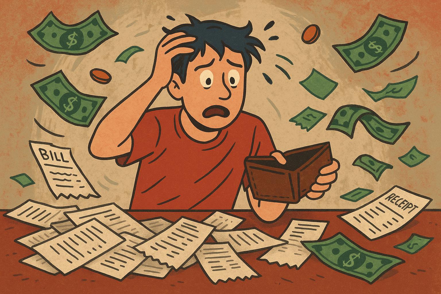 Illustration of a person in financial chaos with no budget.
