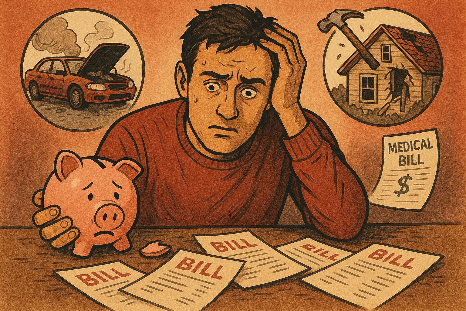 Illustration of a person stressed about unexpected expenses without an emergency fund.