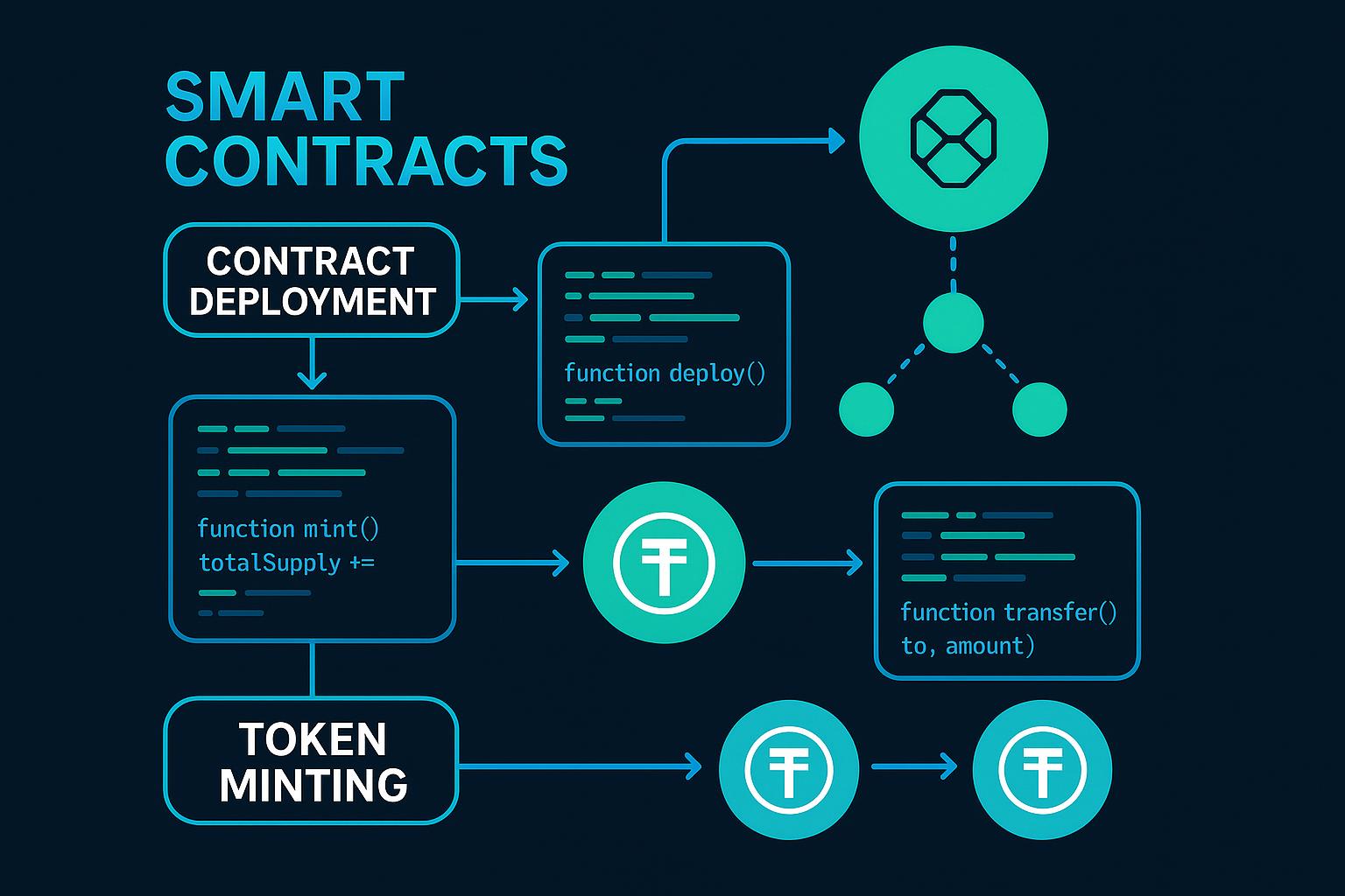 Illustration showing how smart contracts are used to create tokens.