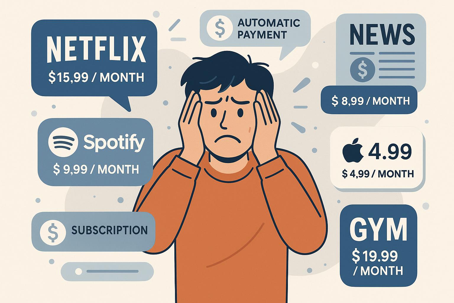 Illustration of a person overwhelmed by multiple subscriptions.